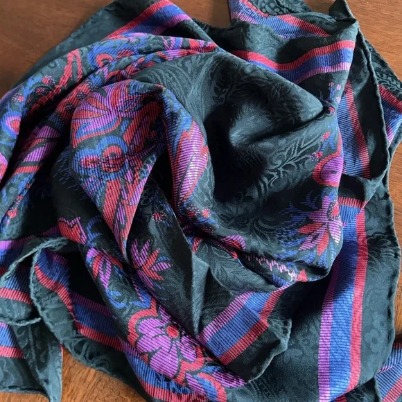 Carlisle Black Scarf with Purple and Pink Floral Accents silk 32“ x 32“ - Picture 2 of 8